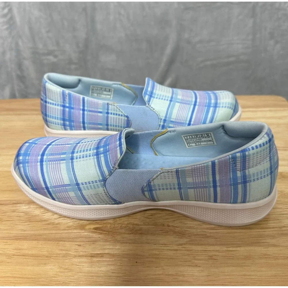Skechers Womens Go Step Lite Vegan Plaid Slip On Sneakers 7 Washable Blue/Purple